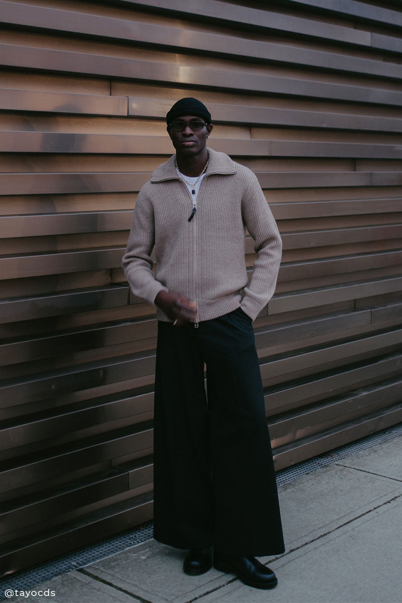 Chunky knit cardigan NIALL and Wide-leg wool trousers LAN