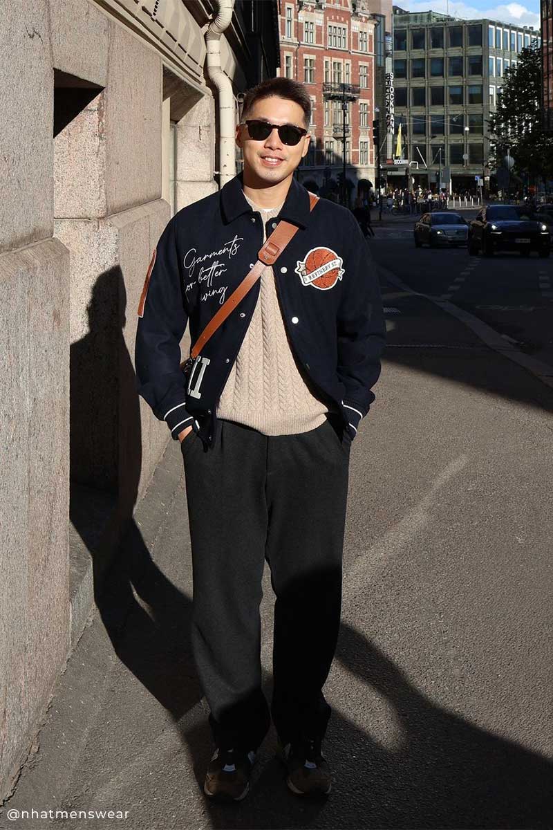 Patched varsity wool jacket and Cable-knit roundneck pullover FERNANDO