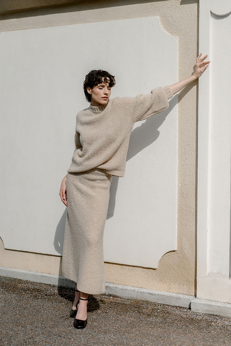 Roundneck bouclé sweater and Knitted bouclé skirt