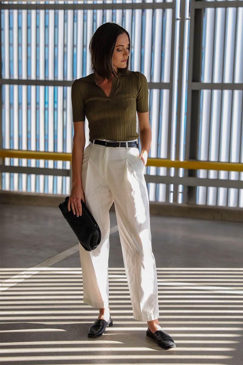 Ribbed poloneck top and Cotton chino trousers