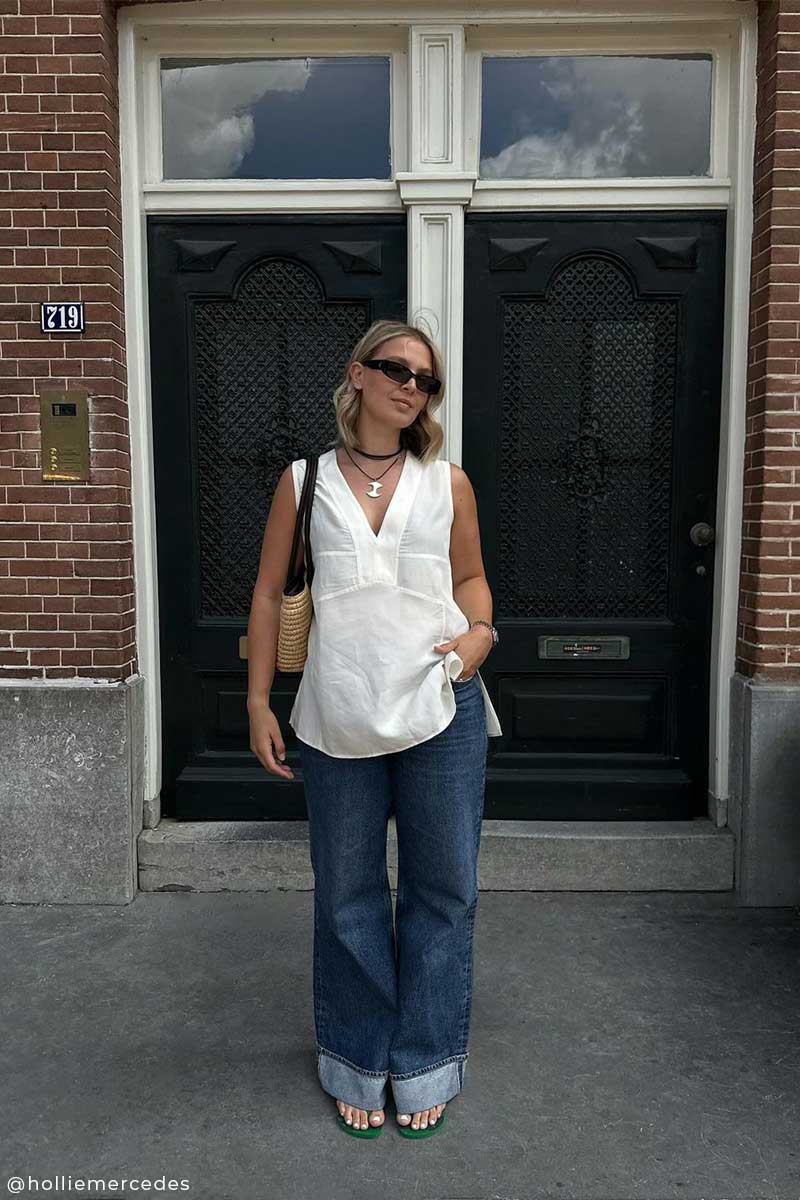 Tailored squared top and Wide-leg jeans DAME