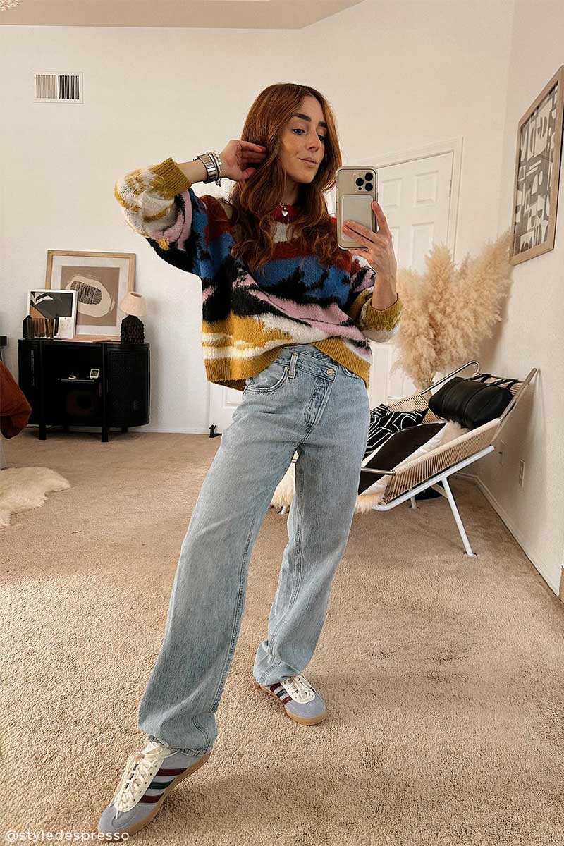 Brushed alpaca pullover and Criss cross upsized jeans