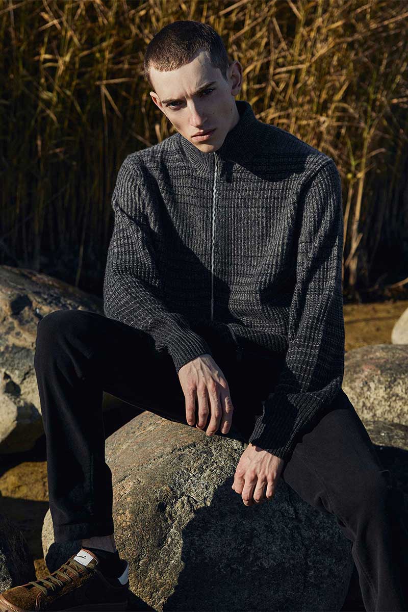 Pattern zipped cardigan and Wool suit trousers COMO