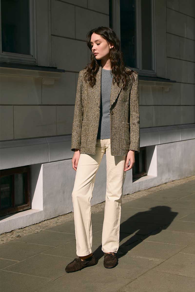 Houndstooth blazer and Stovepipe midrise jeans