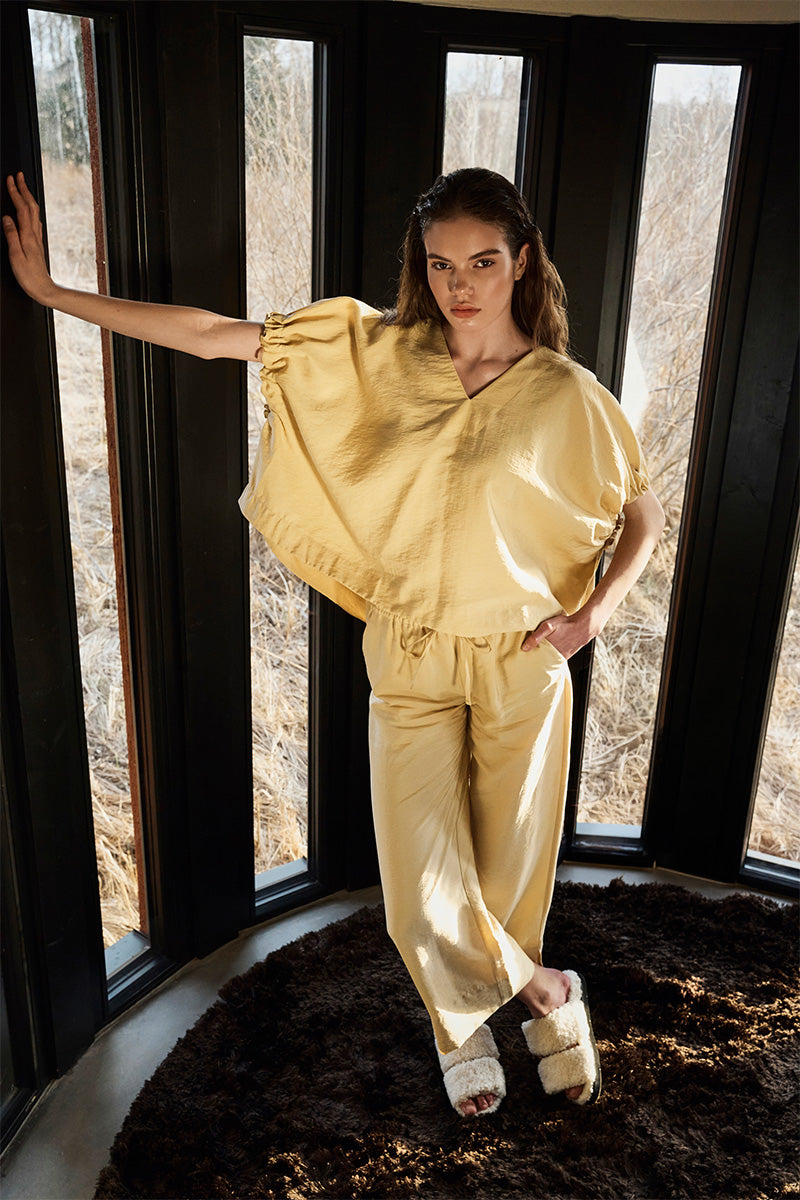 Rouched V-neck top and Drawstring trousers