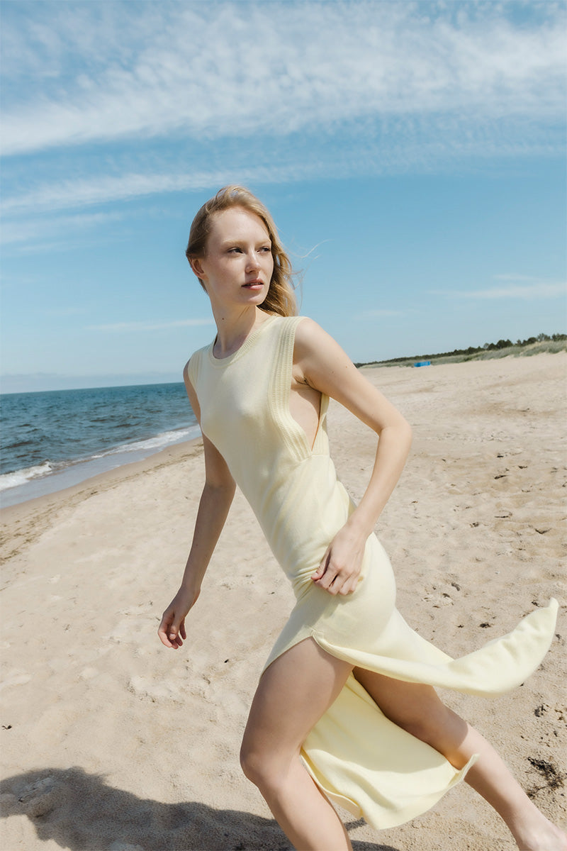 Side-slit maxi dress SUSANNA and Asymmetrical woven sandals RONDAIA