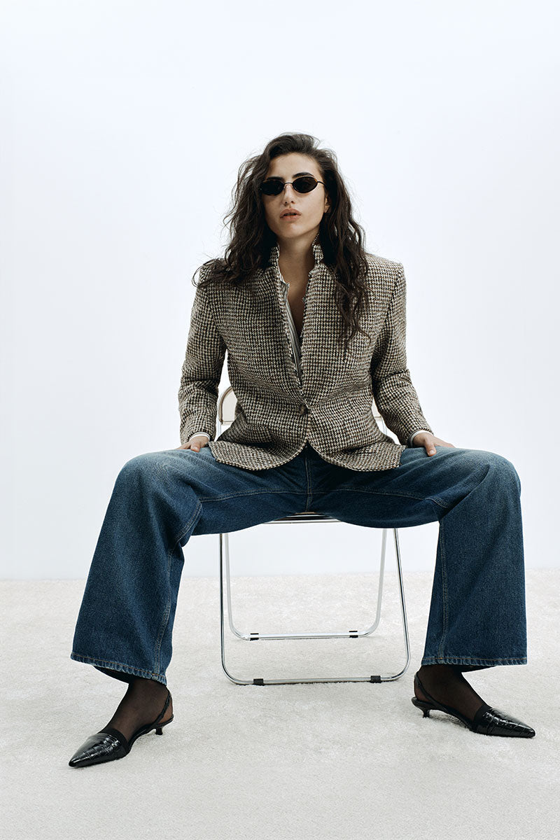 Houndstooth blazer and Baggy fit denim jeans
