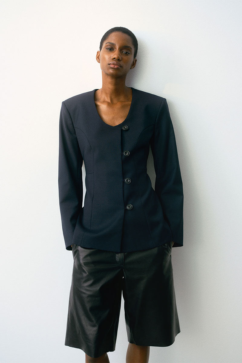Collarless blazer and Straight-fit leather trousers