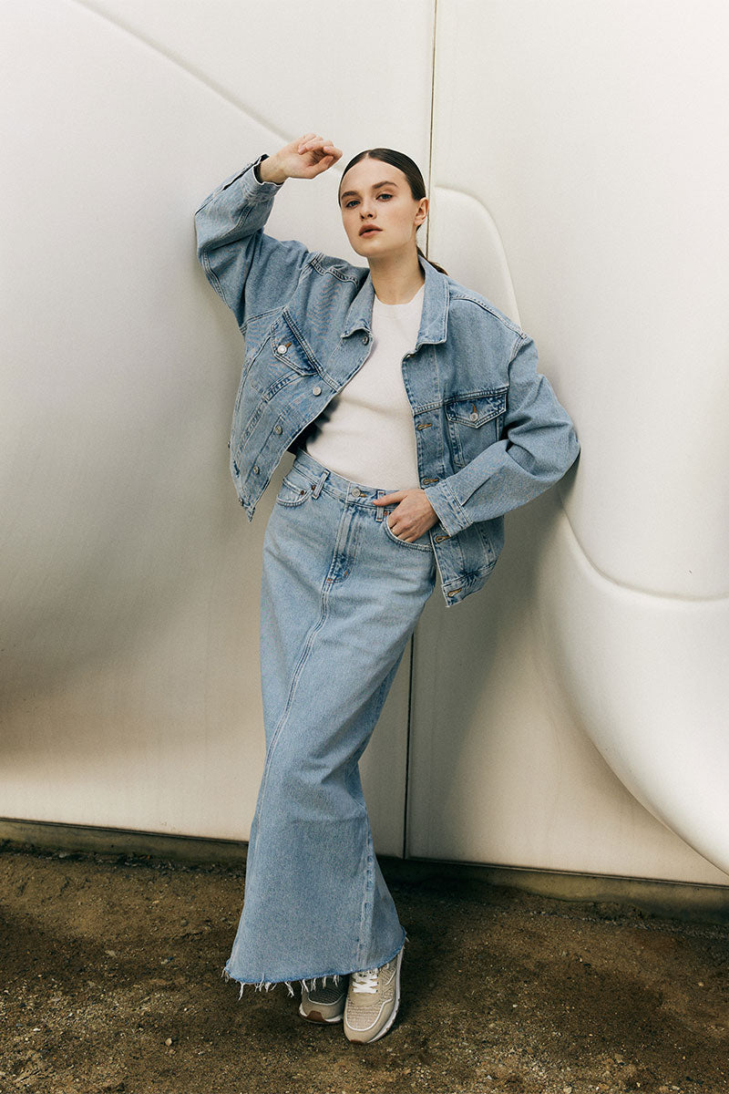 Oversized denim jacket CHARLI and Suede mesh-detail sneakers JULIA