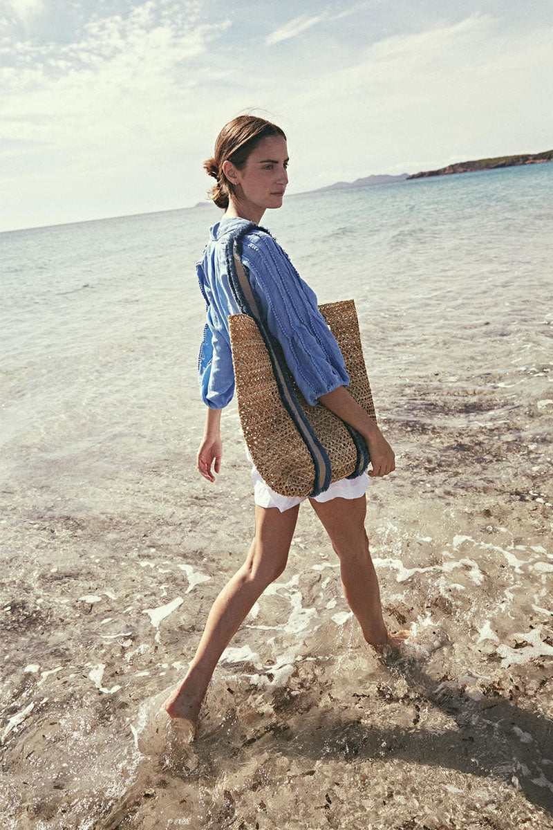 Puff-sleeve linen blouse and Elasticated-waistband linen shorts