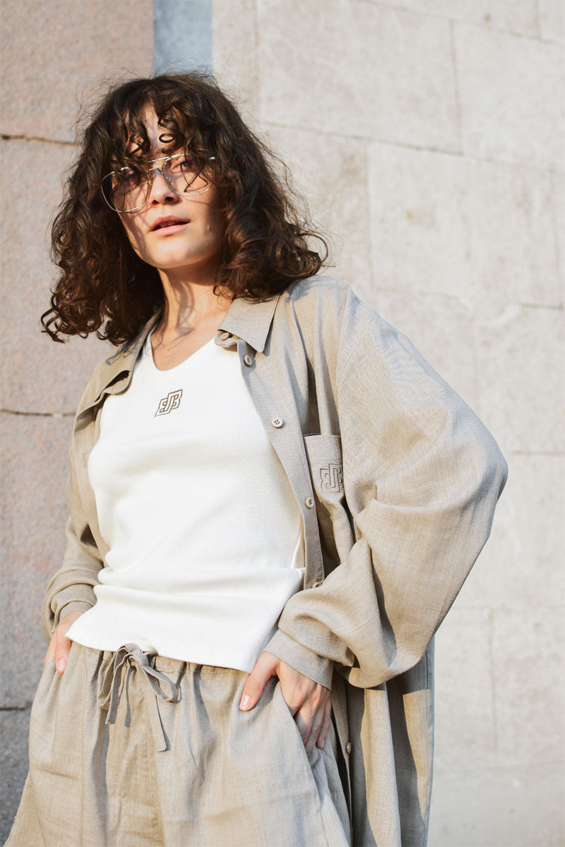 Ribbed tank top and Linen drawstring shorts