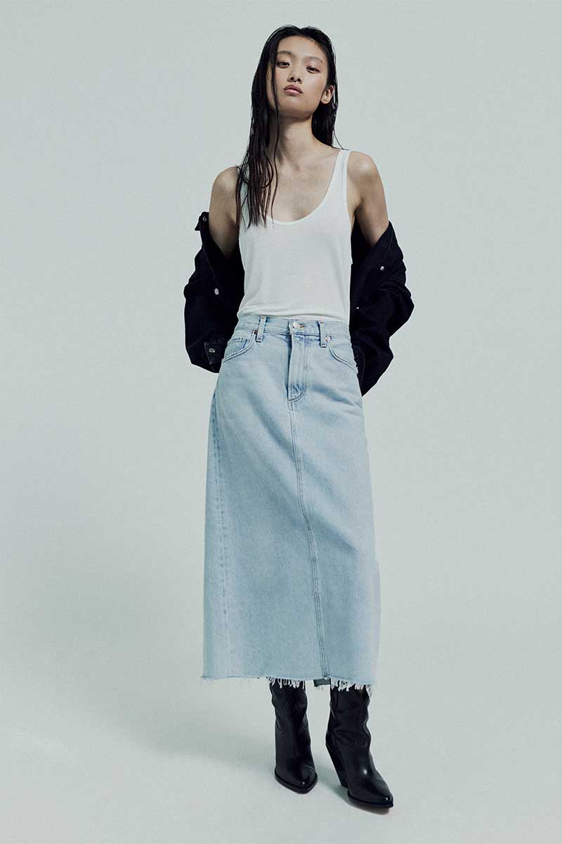 Ribbed knit top RAYER and Denim maxi skirt HILLA