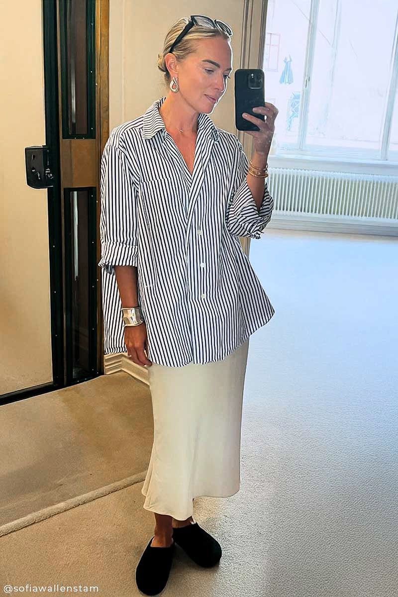 Fluid stripe shirt and Satin midi skirt