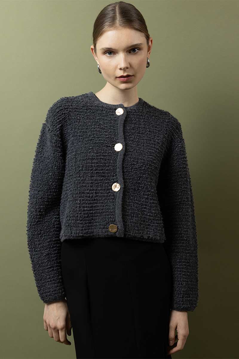 Textured roundneck cardigan and Tailored maxi skirt