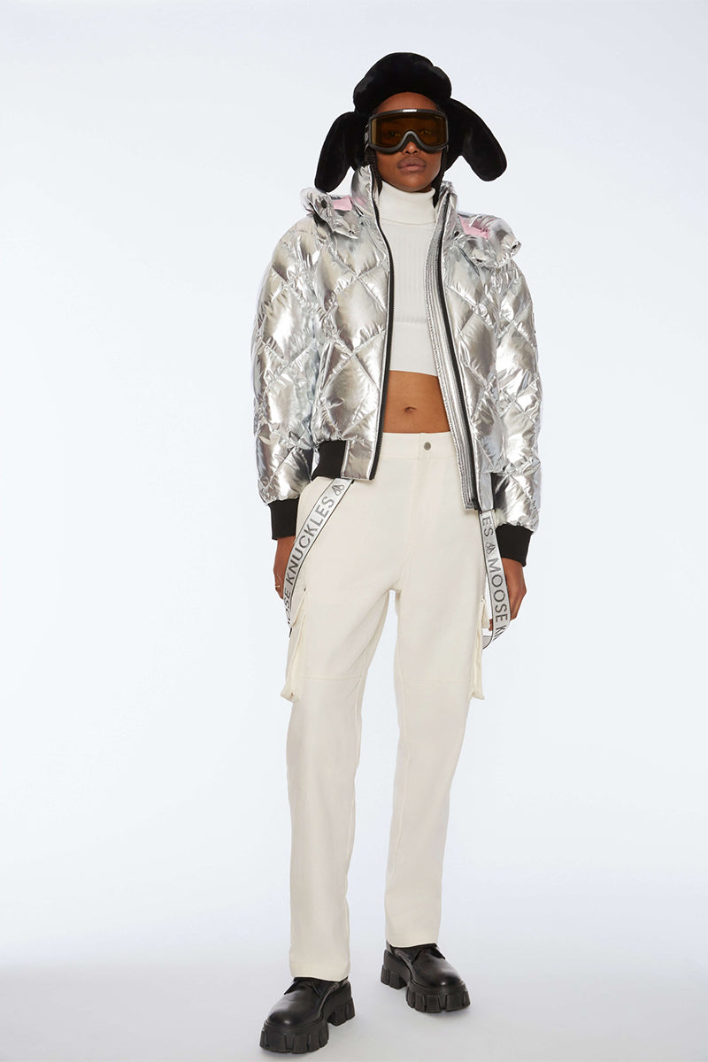 Metallic-finish padded jacket BANKHEAD and Broken waistband jeans