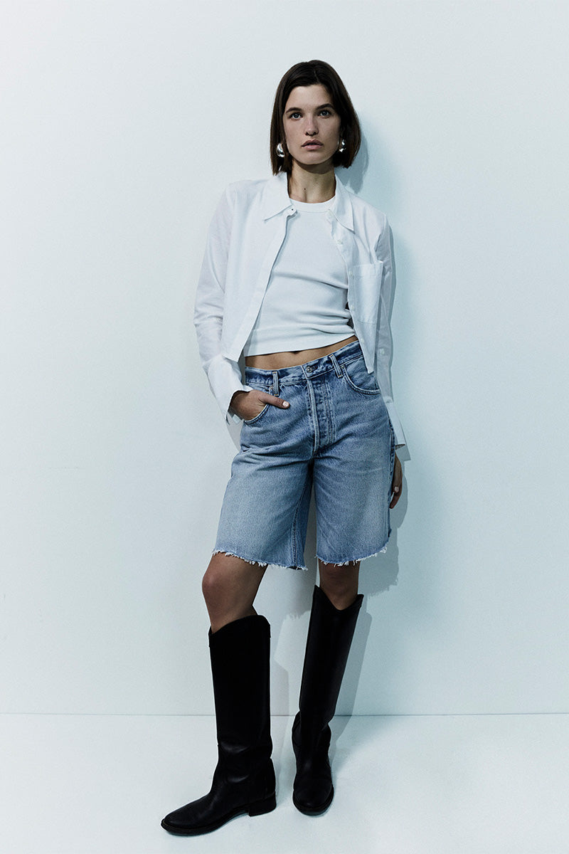 Long sleeve linen shirt and Relaxed-fit denim shorts AYLA