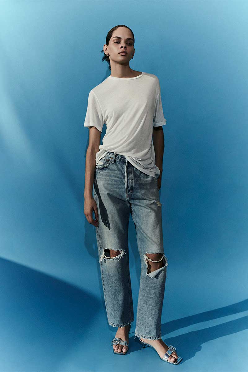 Contrast-trim cotton t-shirt FARREH and Ripped high-rise straight jeans 90'S PINCH