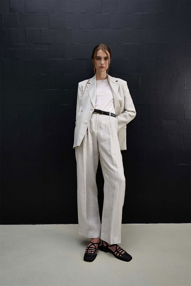 Linen wide suit trousers and Slim leather belt GEOMETIA