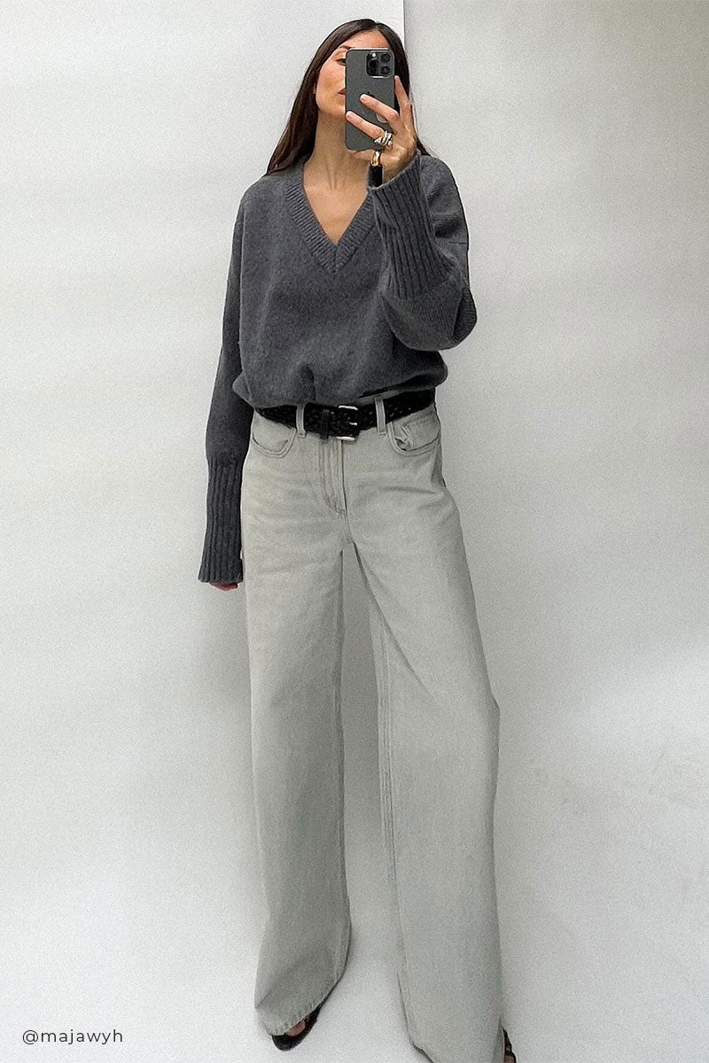 Roundneck fine-knit top ROWEN and Relaxed baggy jeans AYLA