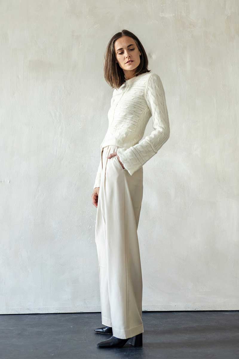 Brushed alpaca pullover and Wide suit trousers