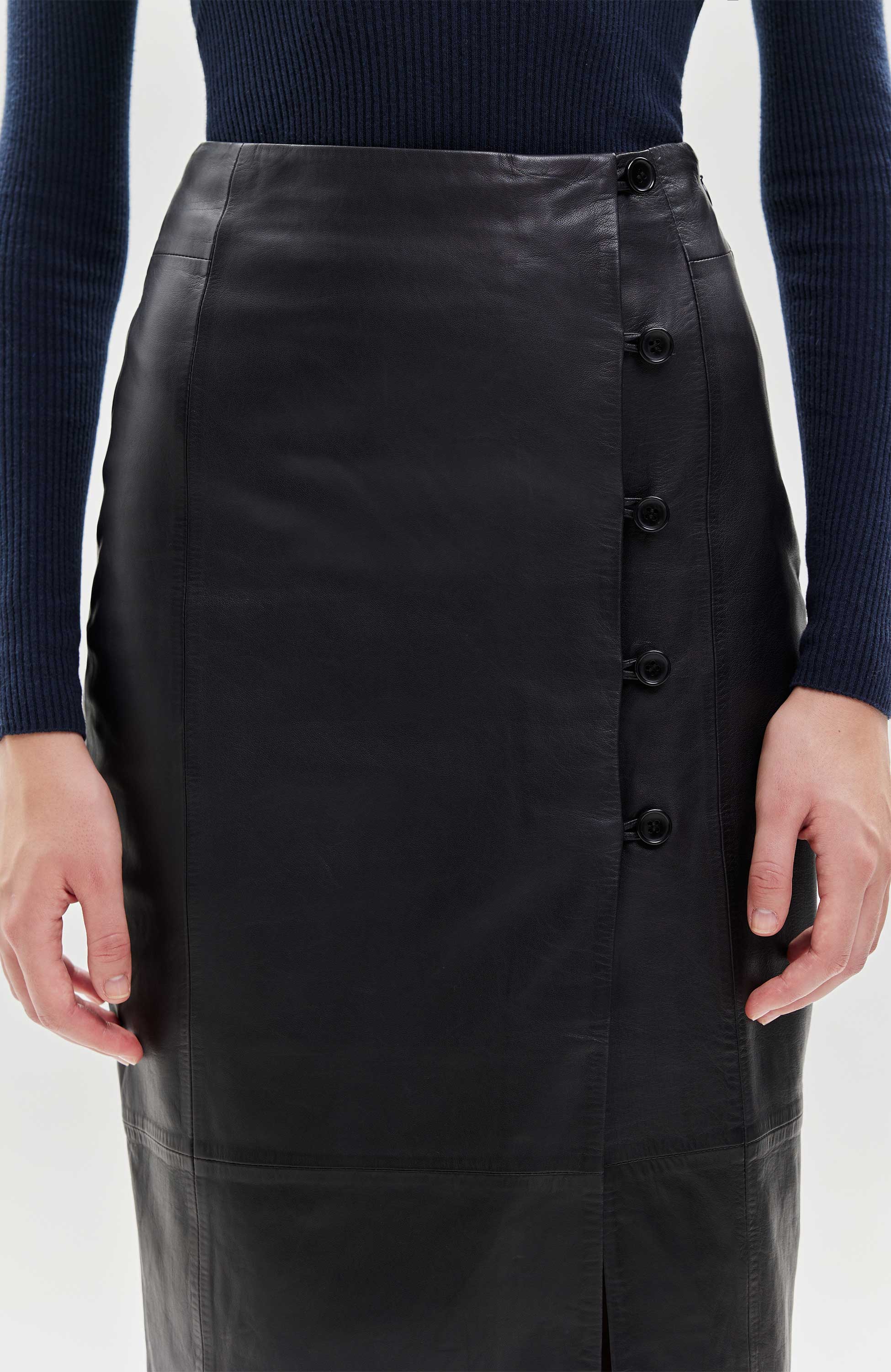 Button-detail leather skirt