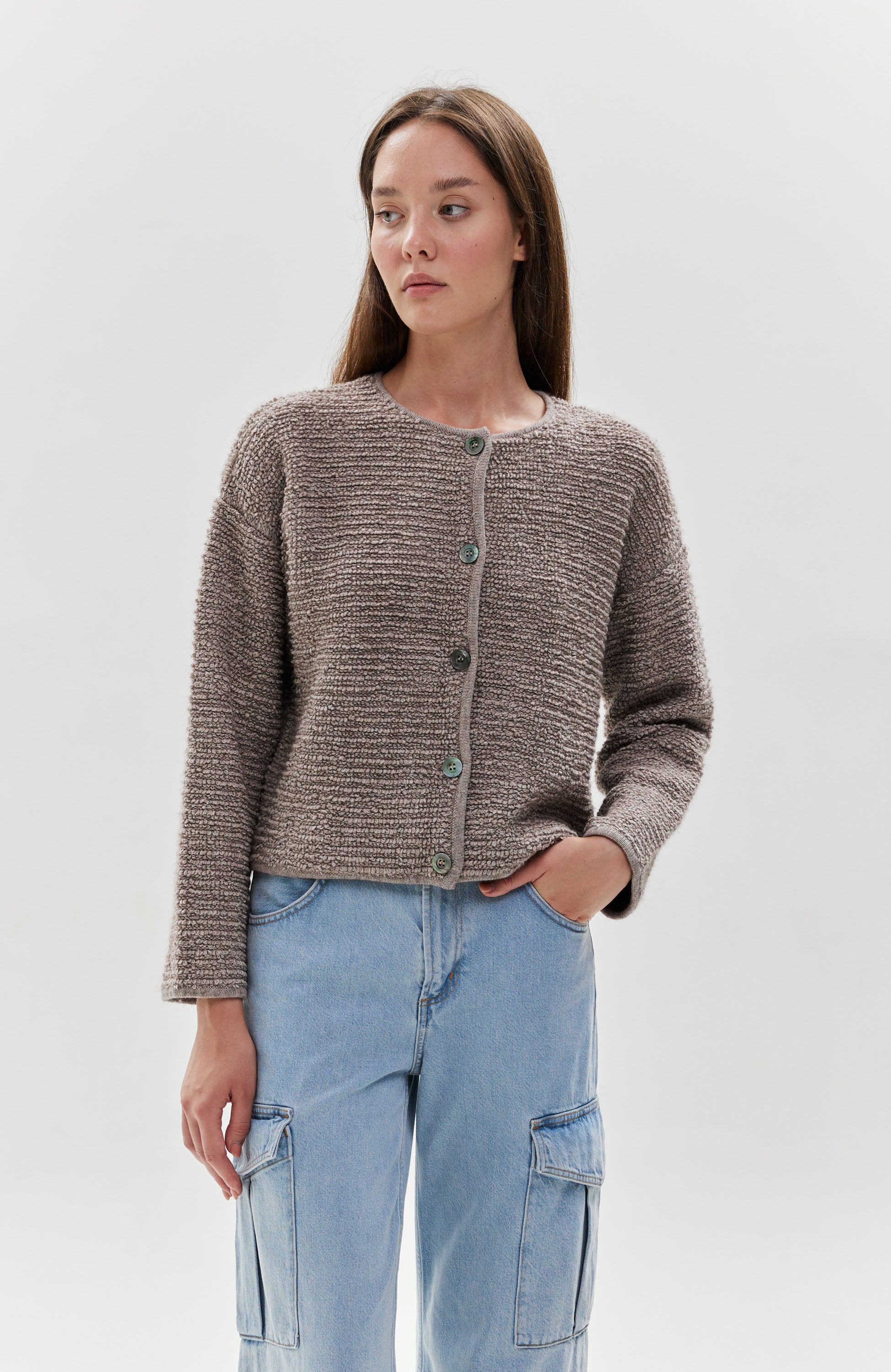 Textured roundneck cardigan