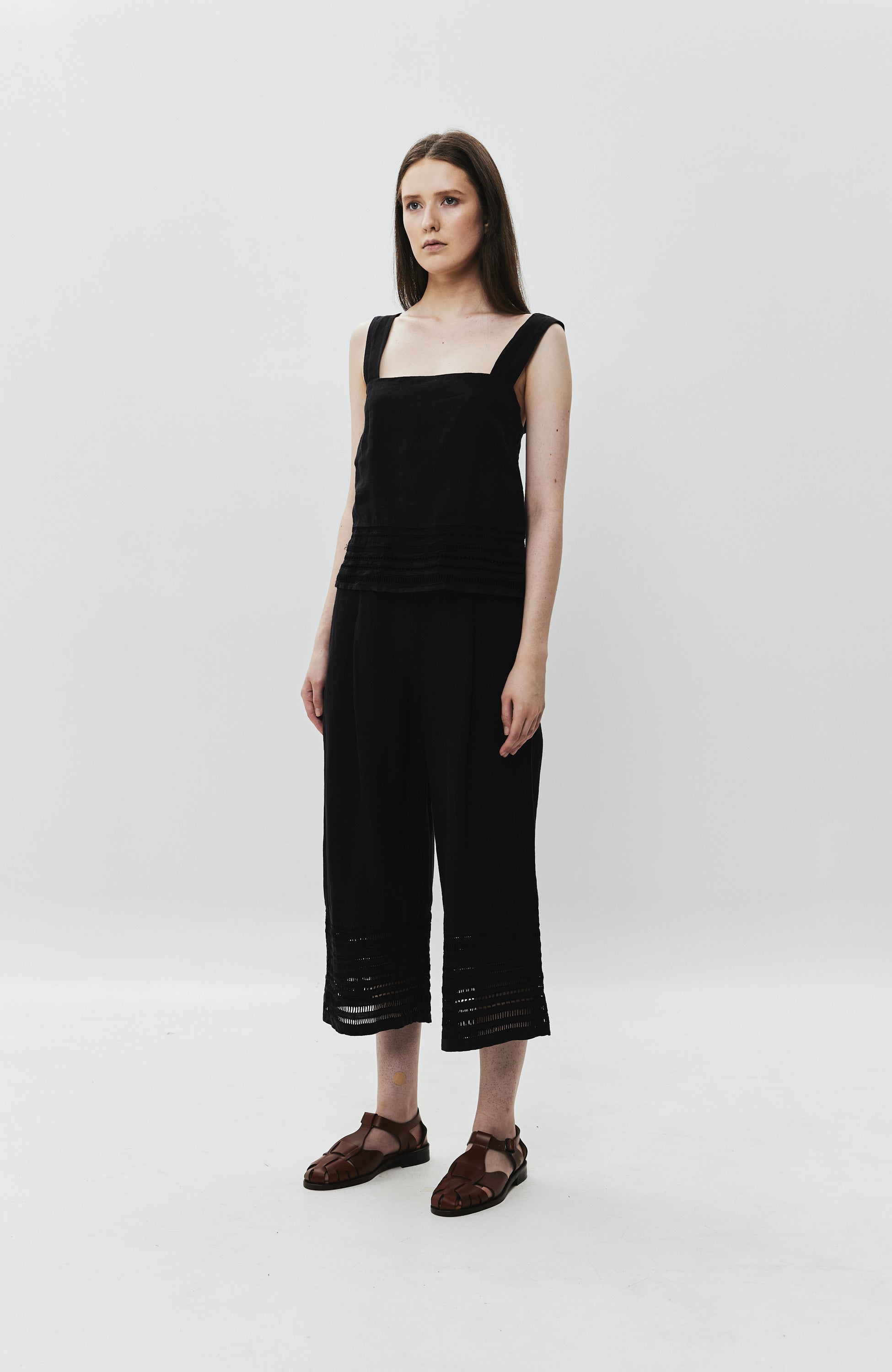 120% lino Black Embroidered linen wide-leg trousers image 9