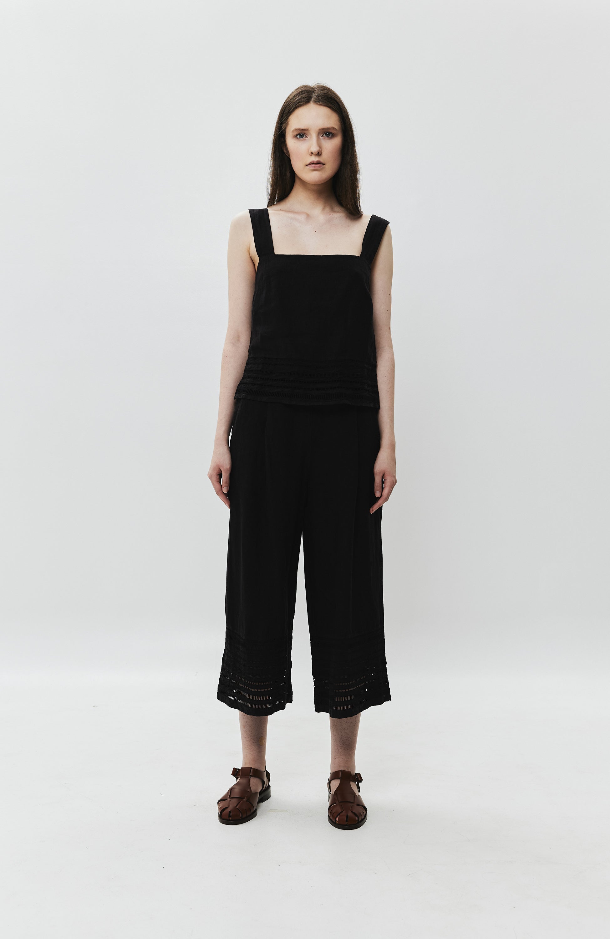 Embroidered linen wide-leg trousers