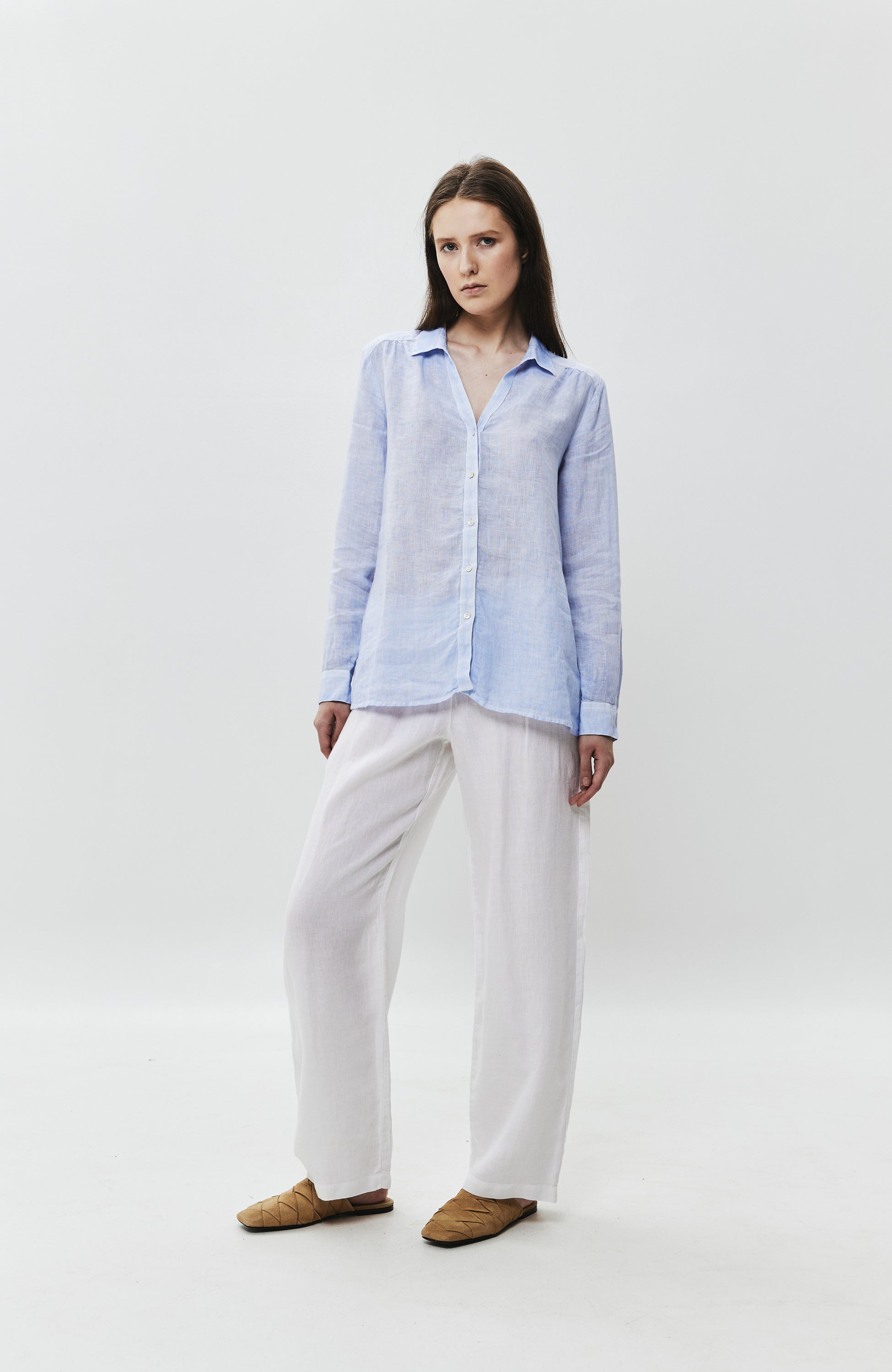 120% lino Blue Long sleeve garment-dyed linen shirt image 6