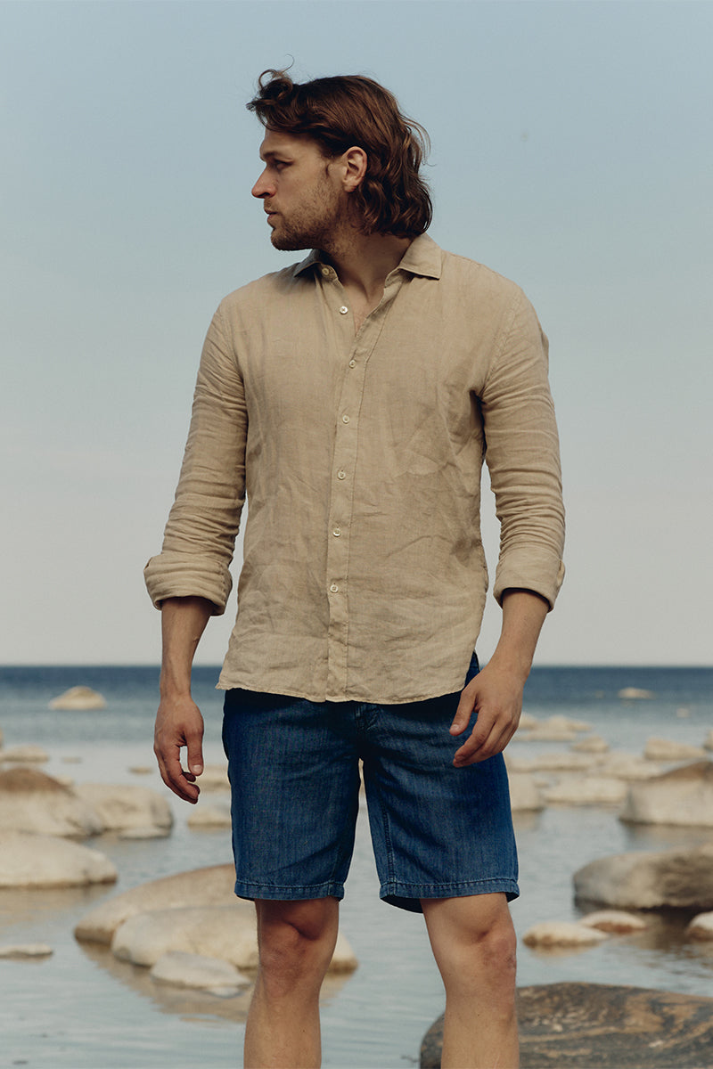 Long sleeve linen shirt and Denim linen shorts