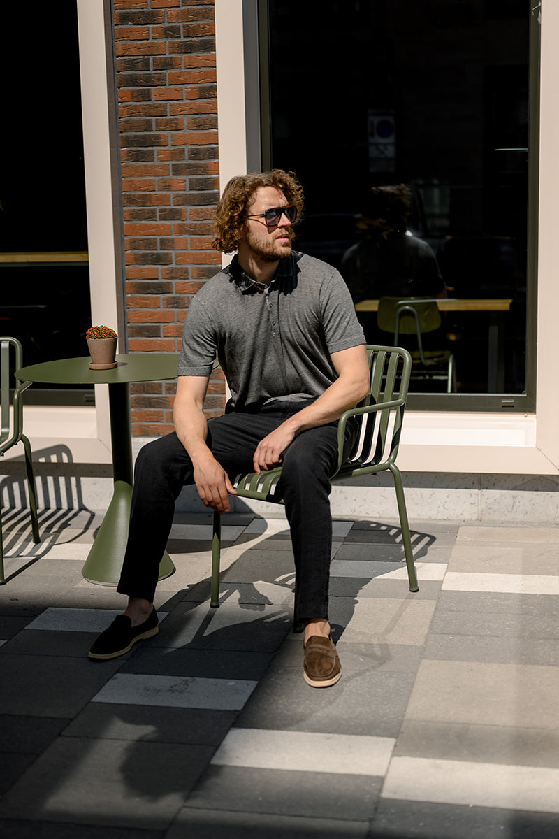 Short sleeve linen polo shirt and Linen tailored trousers