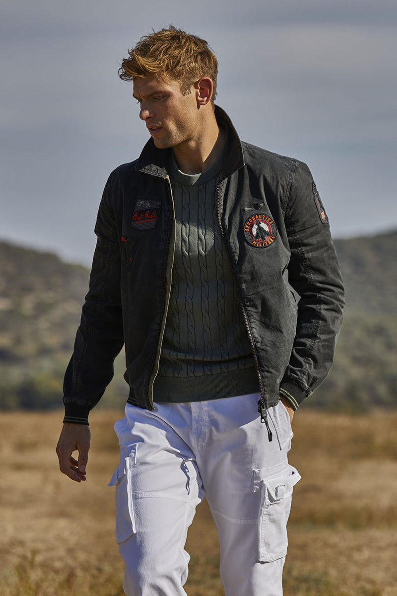 Patch bomber jacket and Lightweight cotton trousers