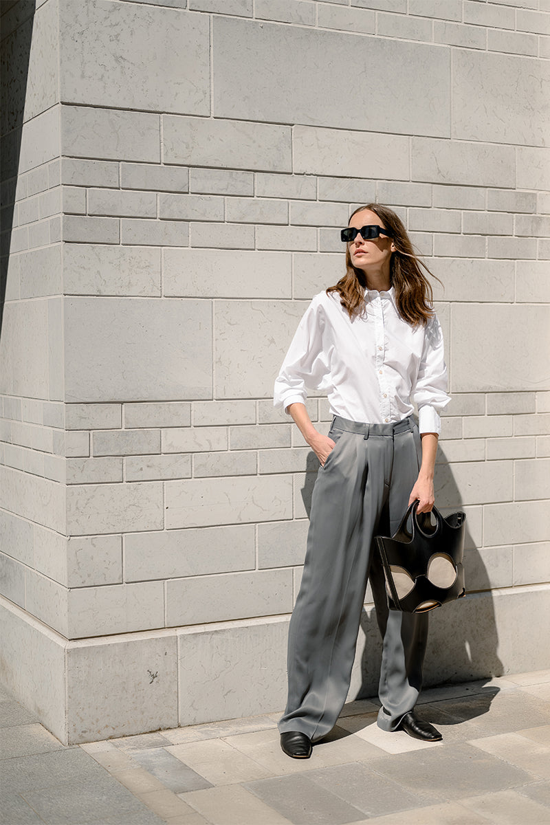 Wide suit trousers and Dart fold cotton shirt