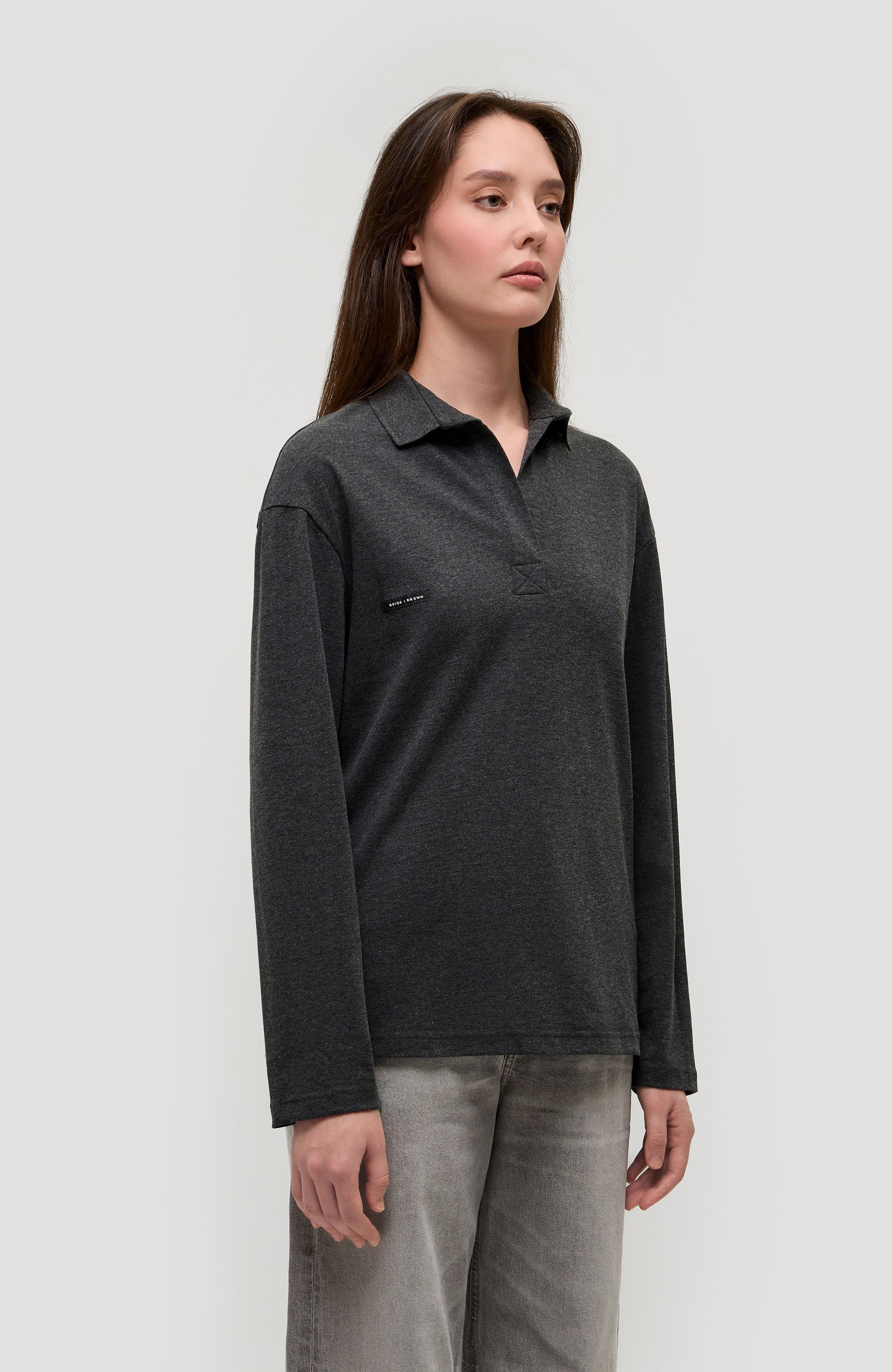 Beige brown Grey Pikkade varrukatega polo särk image 3