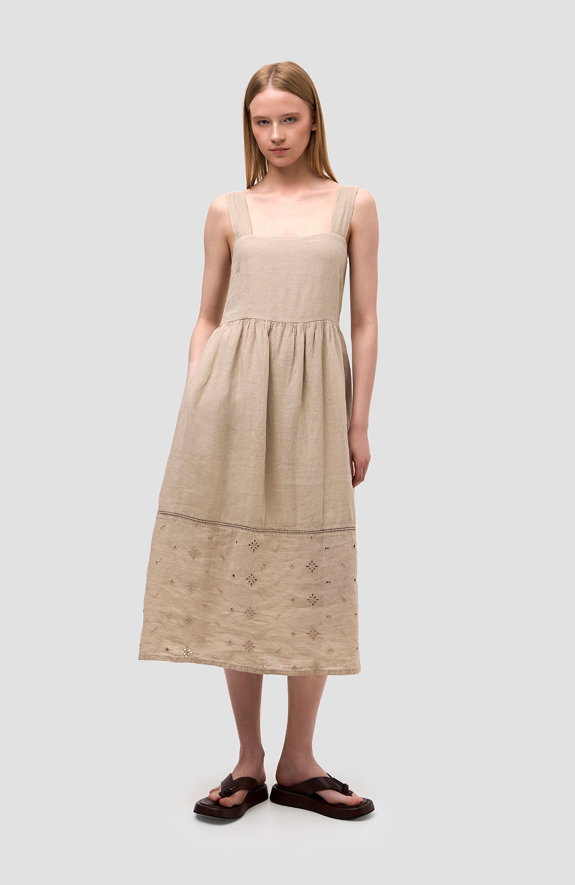 120% lino Beige Square-neck linen flared midi dress image 2