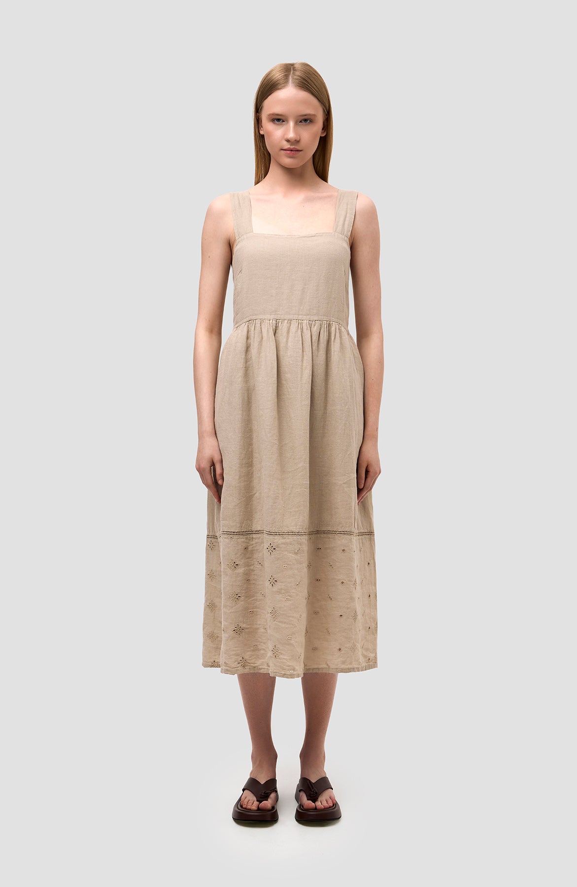 120% lino Beige Square-neck linen flared midi dress image 4