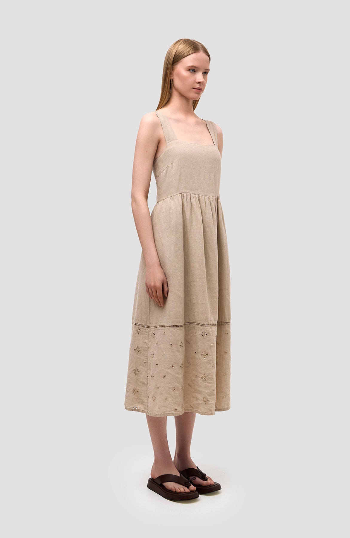 120% lino Beige Square-neck linen flared midi dress image 5