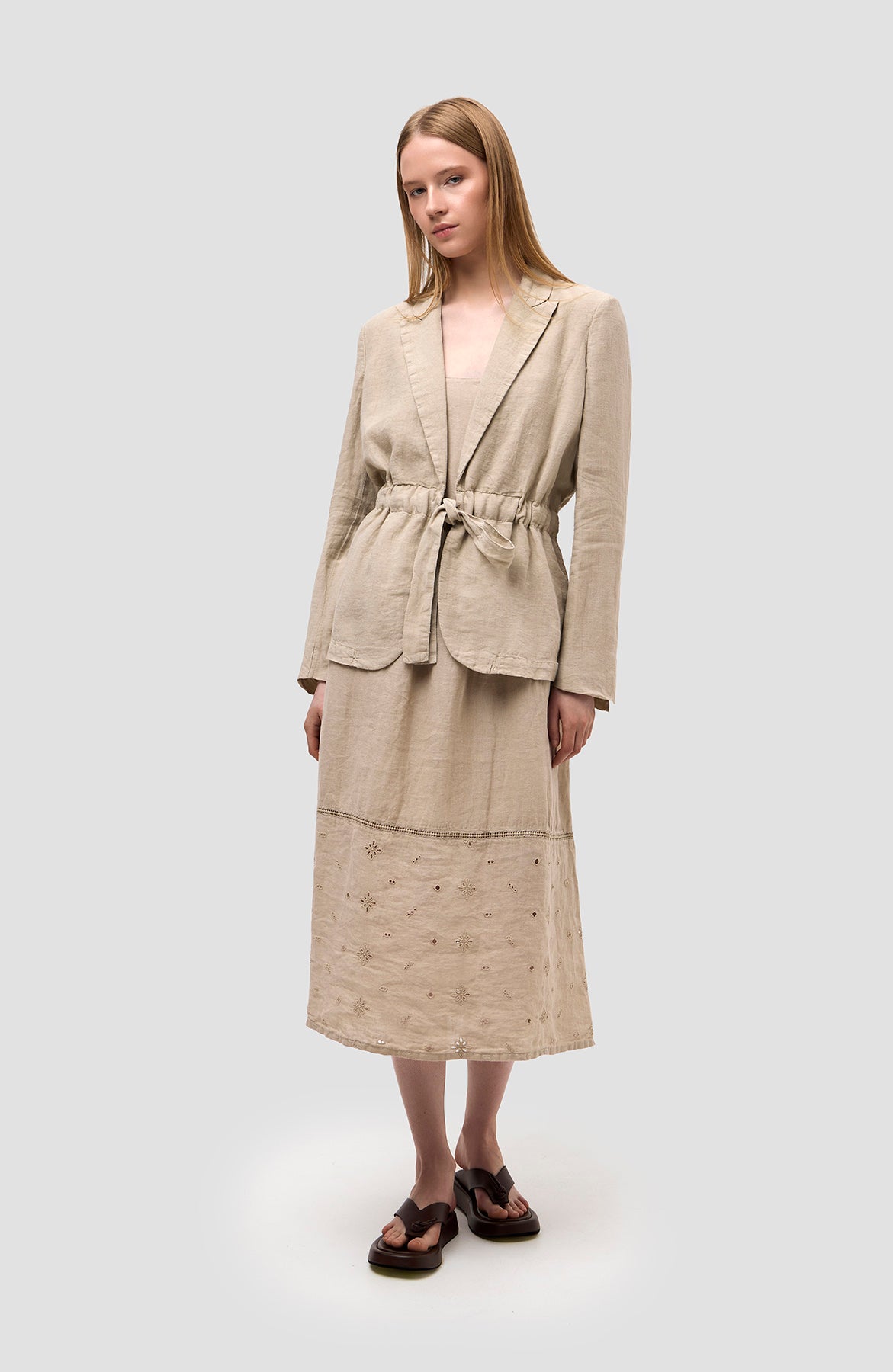 120% lino Beige Belt drawstring linen jacket image 8
