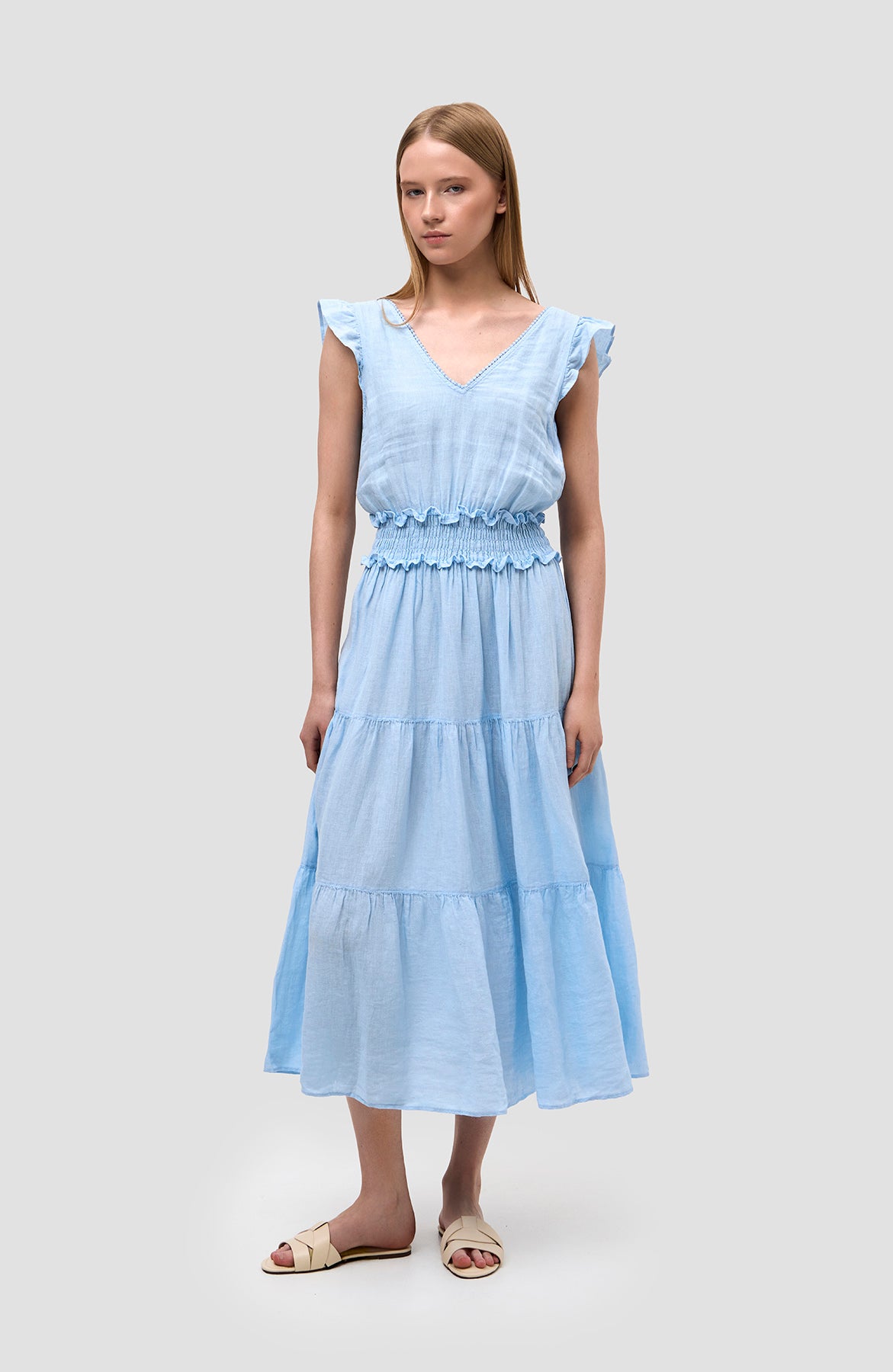 V-neck flared linen midi dress