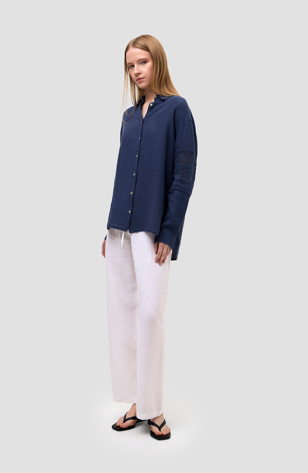120% lino Navy Long sleeve embroidered linen shirt image 8