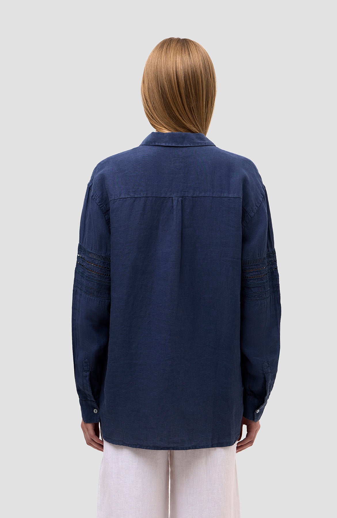 120% lino Navy Long sleeve embroidered linen shirt image 4