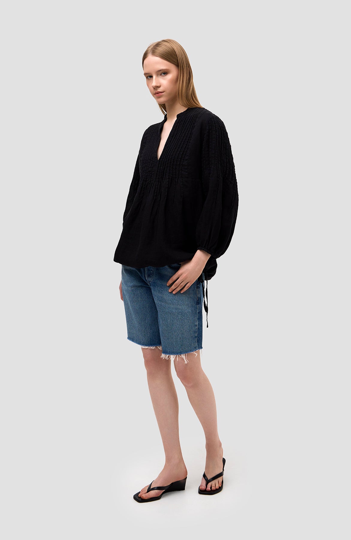 120% lino Black Puff-sleeve linen blouse image 9