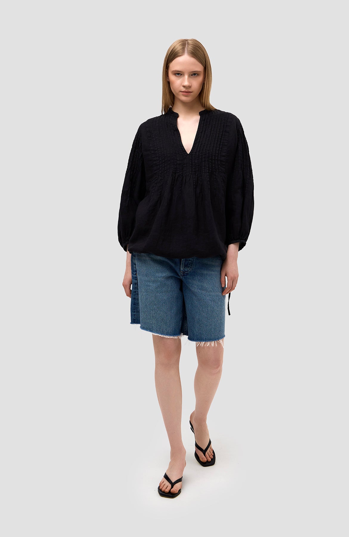120% lino Black Puff-sleeve linen blouse image 8