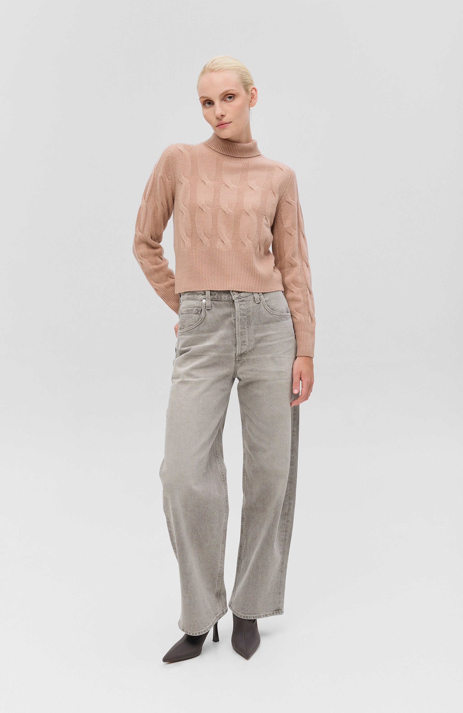 Highneck cable-knit pullover