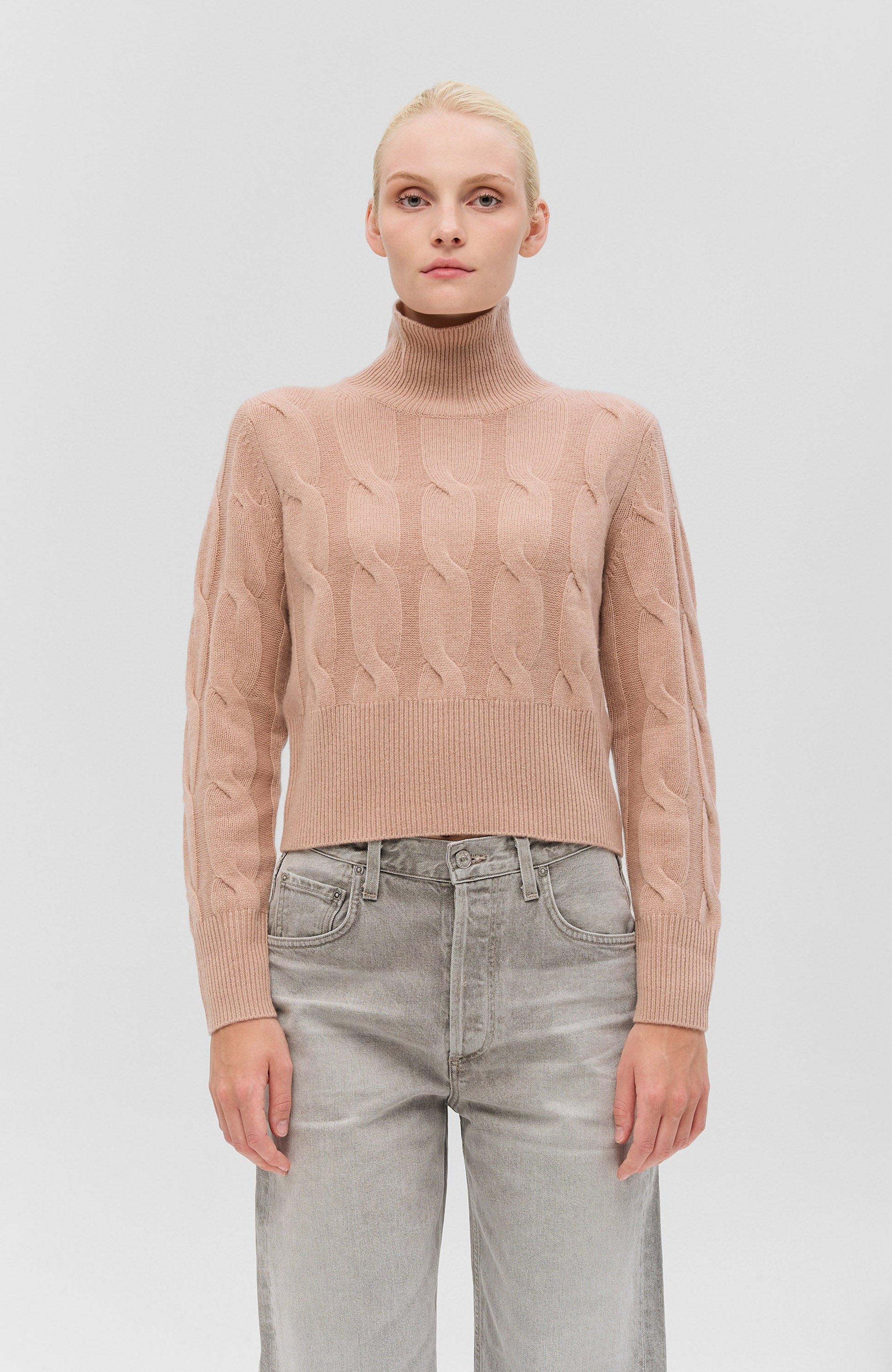 Highneck cable-knit pullover