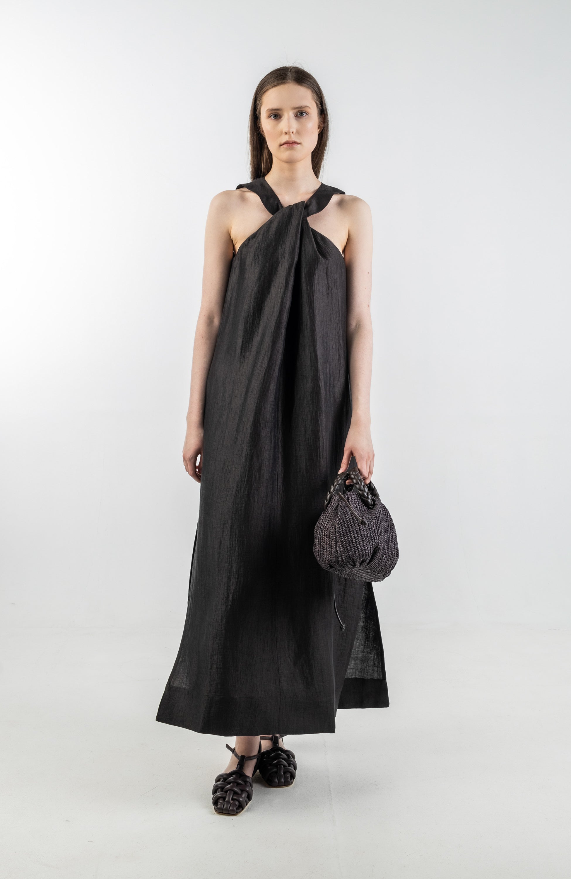 Linen Twist Neck Midi Dress main image 1