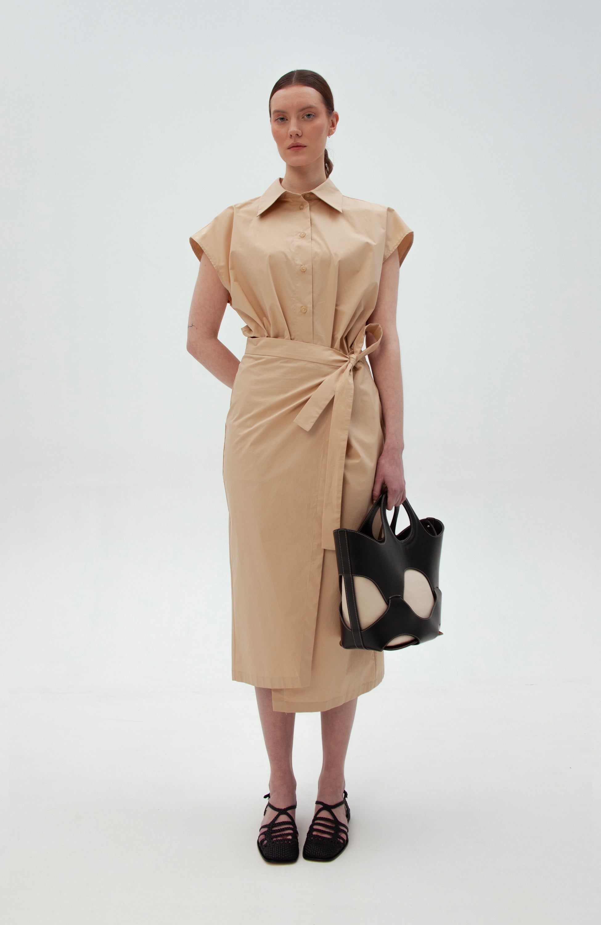 Women’s Structured Fit Midi Dress with Belted Long Sleeves