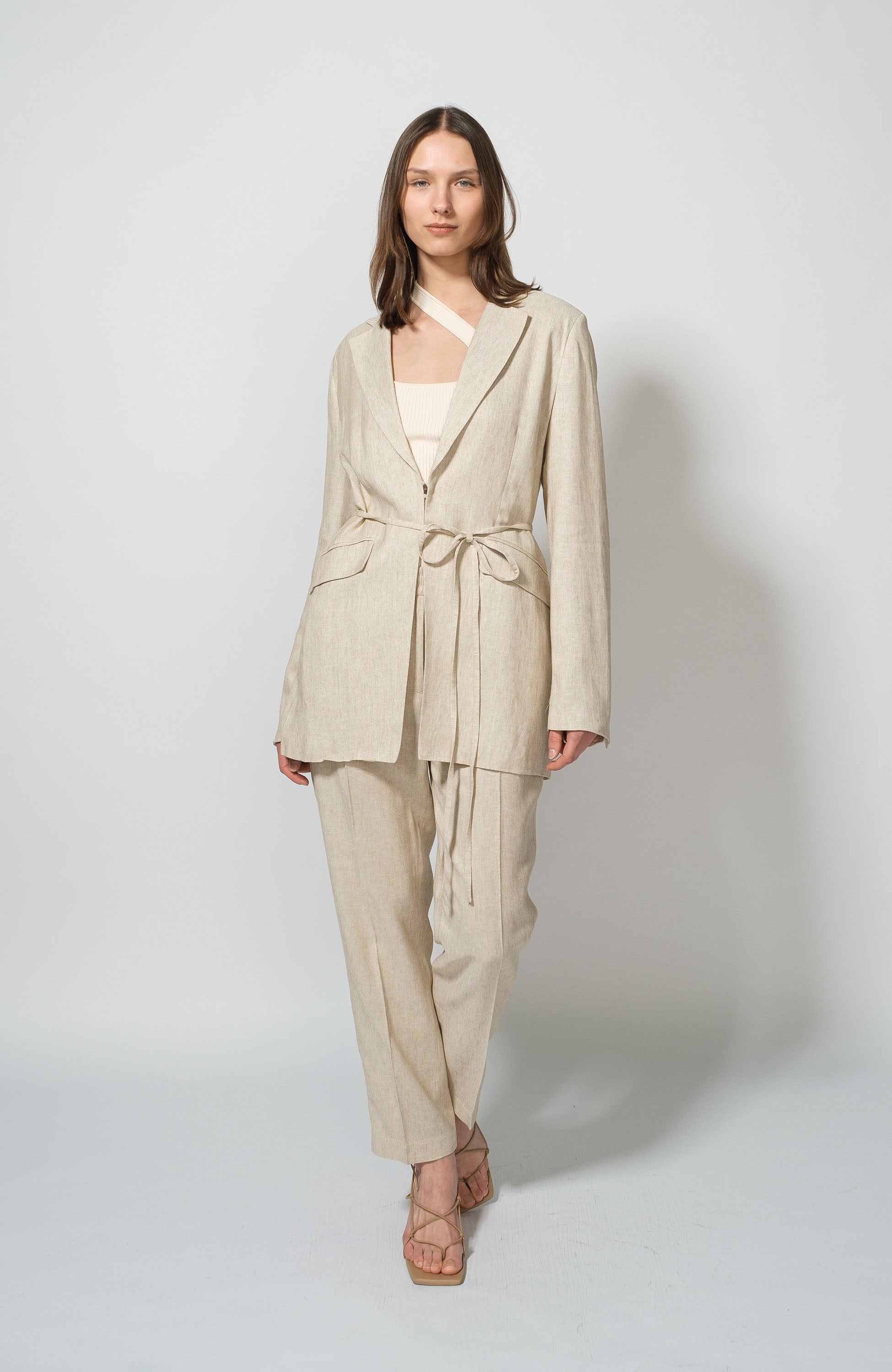 Erika cavallini Beige Belted linen blazer image 7
