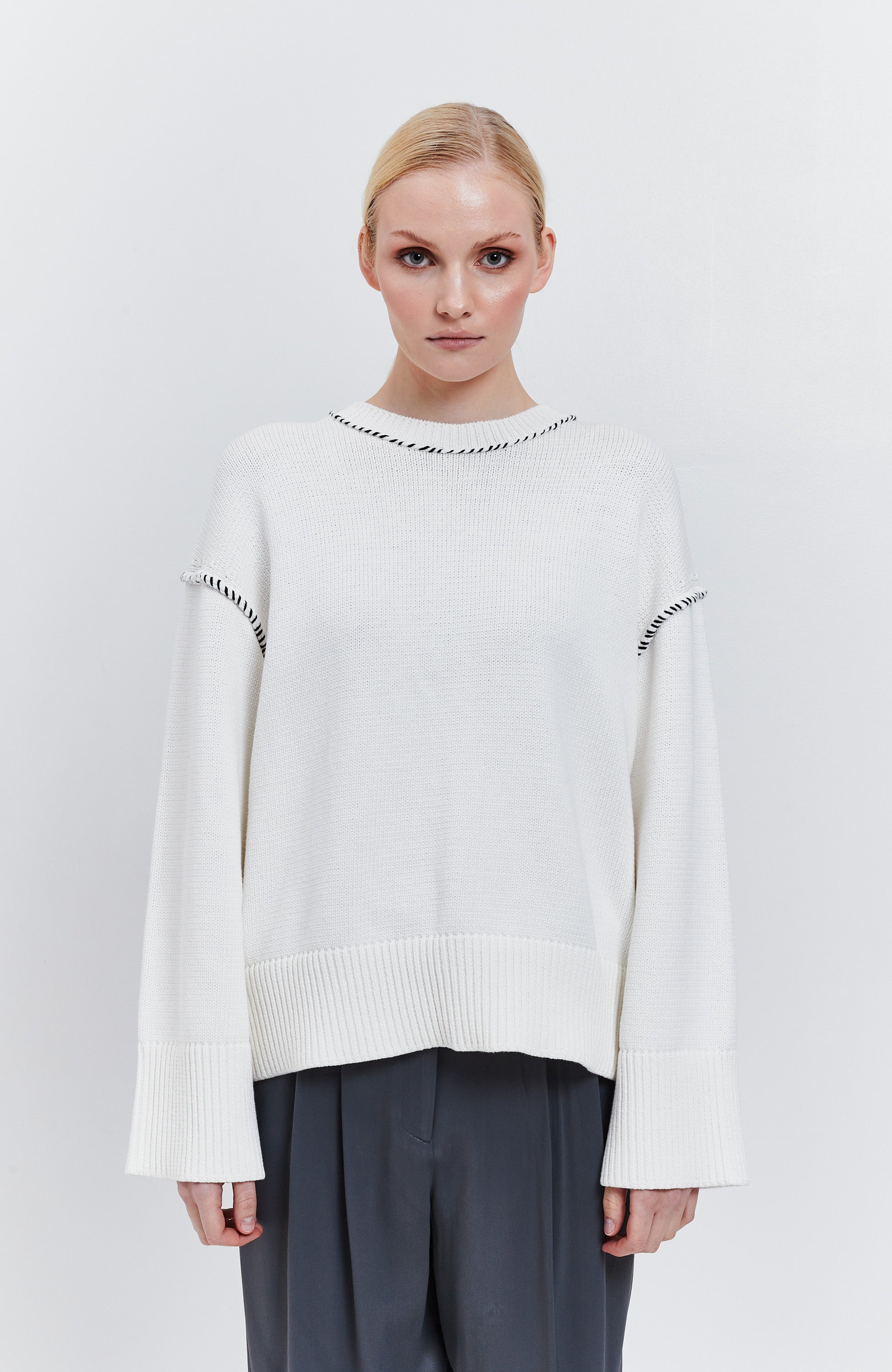 House of dagmar White Stitched crewneck pullover image 1