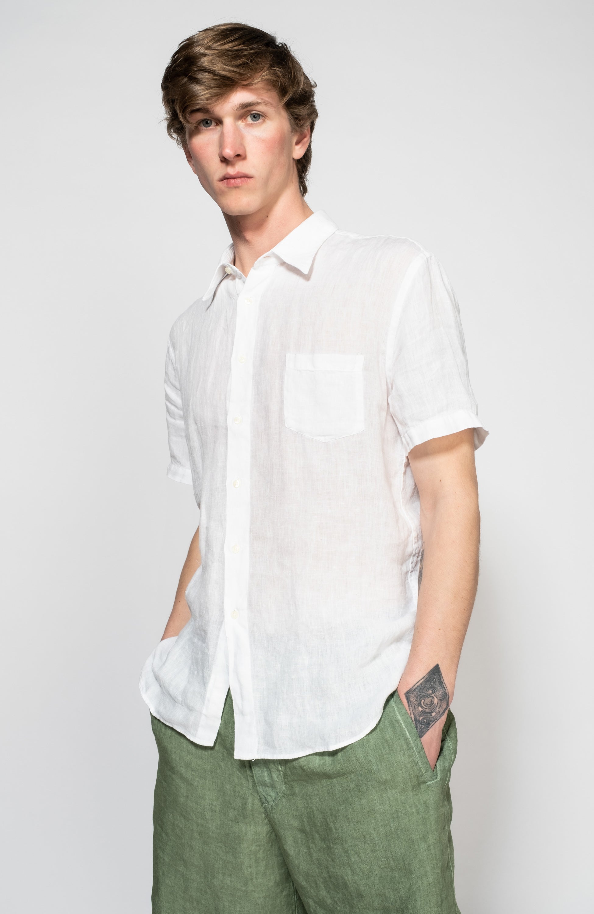short sleeve linen dress shirts Short Sleeve Linen Patch-pocket Shirt 120% LINO XXL